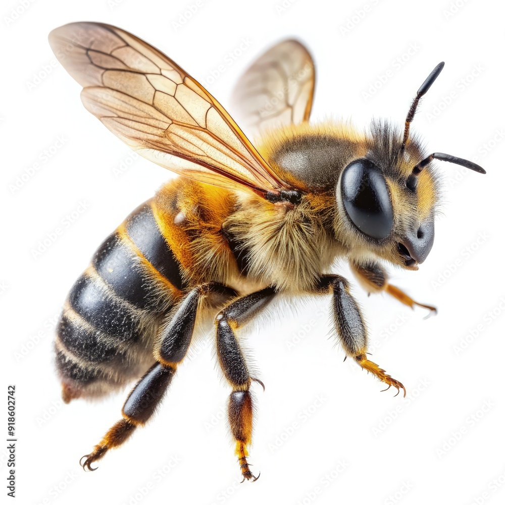 A stunning bee flying gracefully against a crisp white background, showcasing its intricate features and vibrant colors in a moment of natural beauty. Generative AI A stunning bee flying gracefully against a crisp white background, showcasing its intricate features and vibrant colors in a moment of natural beauty. Generative AI