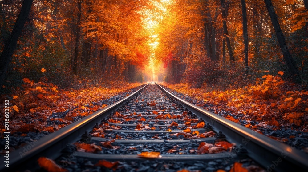 Naklejka premium Autumn railway through forest - generative ai