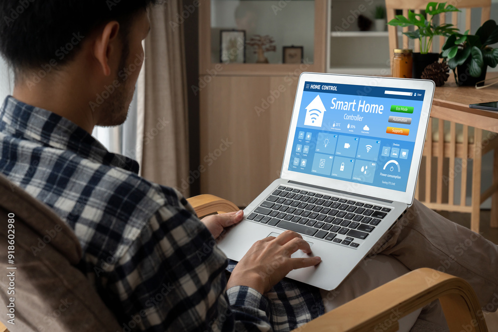 Smart home technology, centric remote control system with digital dashboard for air conditioning, safety security network or house automation. App software, ui panel programming IOT monitor snugly