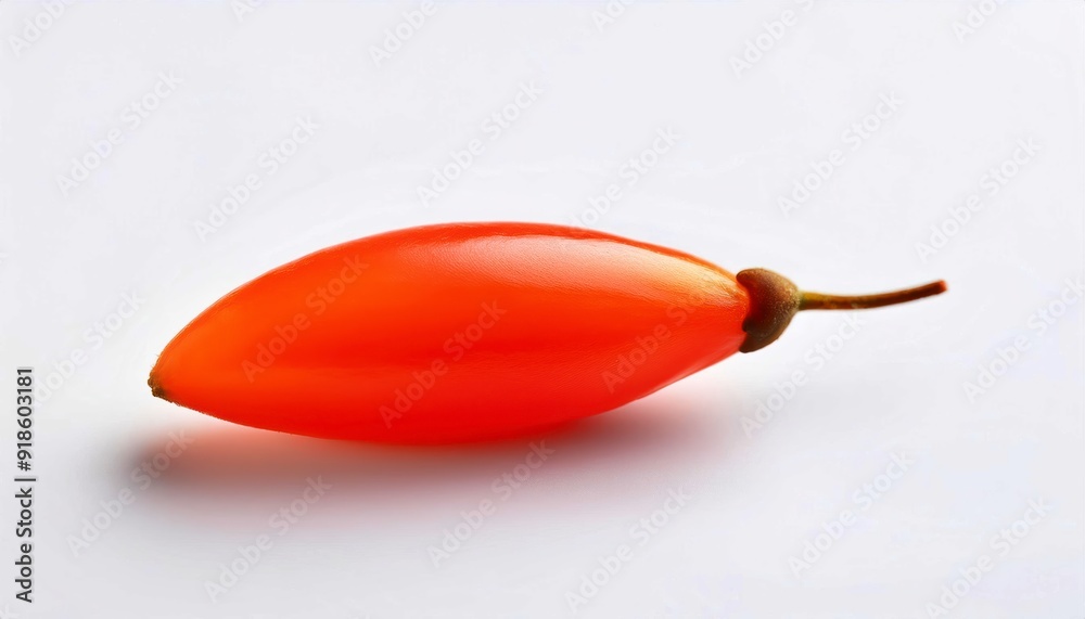 Goji Berry Close-up: A vibrant, glossy goji berry with its distinctive stem, isolated against a clean white backdrop. A captivating image perfect for showcasing the beauty of nature's bounty. Goji Berry Close-up: A vibrant, glossy goji berry with its distinctive stem, isolated against a clean white backdrop. A captivating image perfect for showcasing the beauty of nature's bounty.