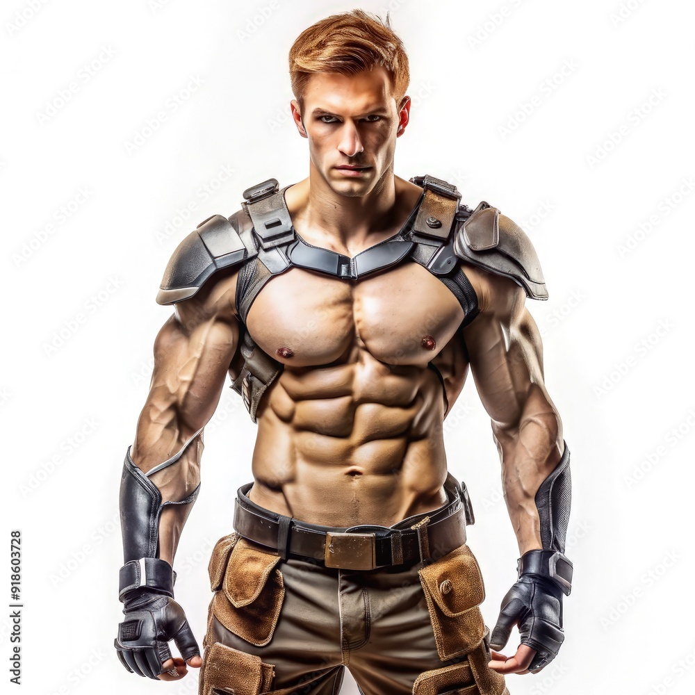 A young man in heavy armor showcasing impressive abs and muscular build, confidently posed against a white backdrop during a fitness-themed photoshoot. Generative AI A young man in heavy armor showcasing impressive abs and muscular build, confidently posed against a white backdrop during a fitness-themed photoshoot. Generative AI
