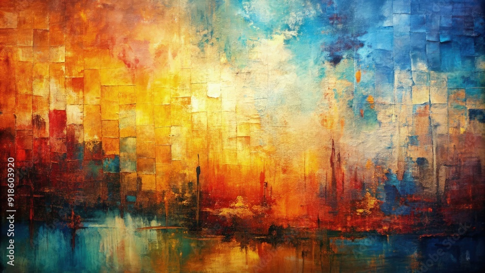 A vibrant abstract painting with a fiery orange, deep blue, and subtle yellow palette depicting a serene landscape at sunset over calm water. Generative AI A vibrant abstract painting with a fiery orange, deep blue, and subtle yellow palette depicting a serene landscape at sunset over calm water. Generative AI