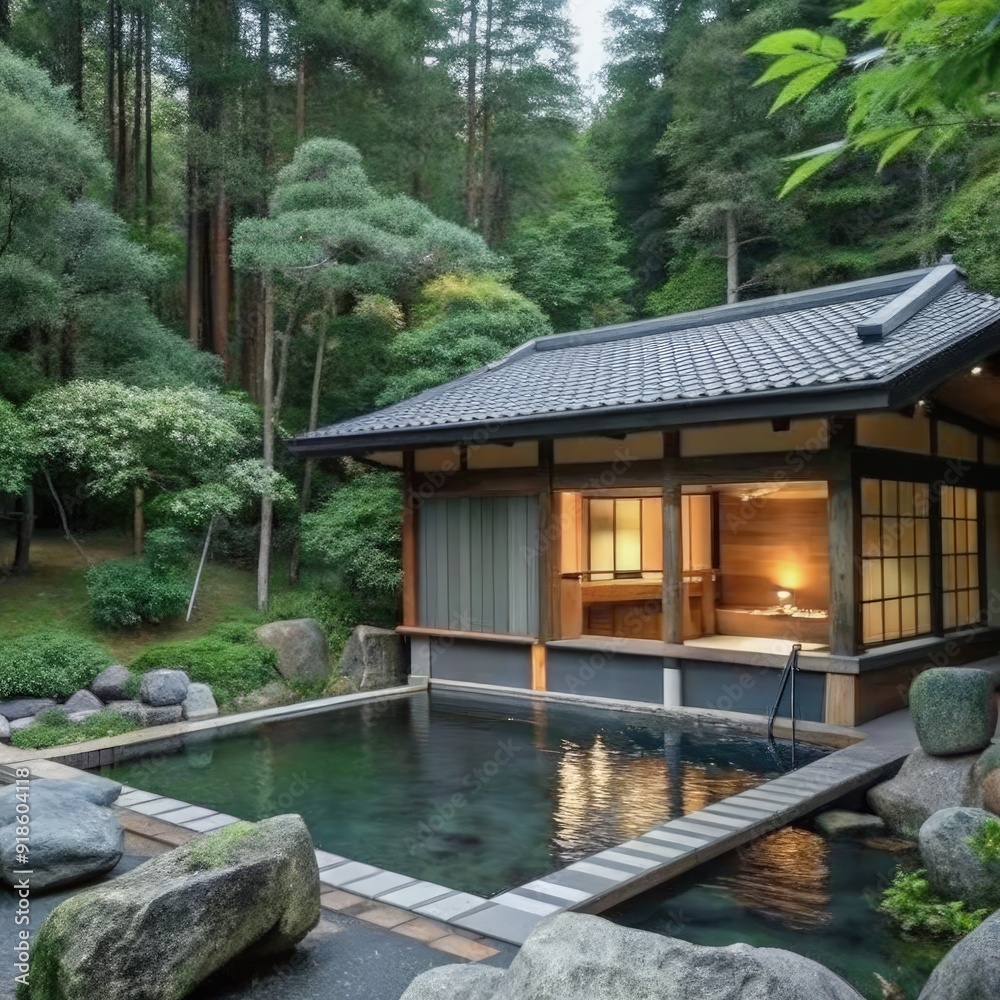 Serene wooden bathhouse with a tranquil outdoor hot spring surrounded by lush greenery during the late afternoon in a peaceful forest setting. Generative AI Serene wooden bathhouse with a tranquil outdoor hot spring surrounded by lush greenery during the late afternoon in a peaceful forest setting. Generative AI