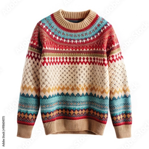 A beautifully crafted, colorful sweater showcasing intricate patterns, perfect for cozy winter evenings and casual outings, displayed in a standard setting. Generative AI