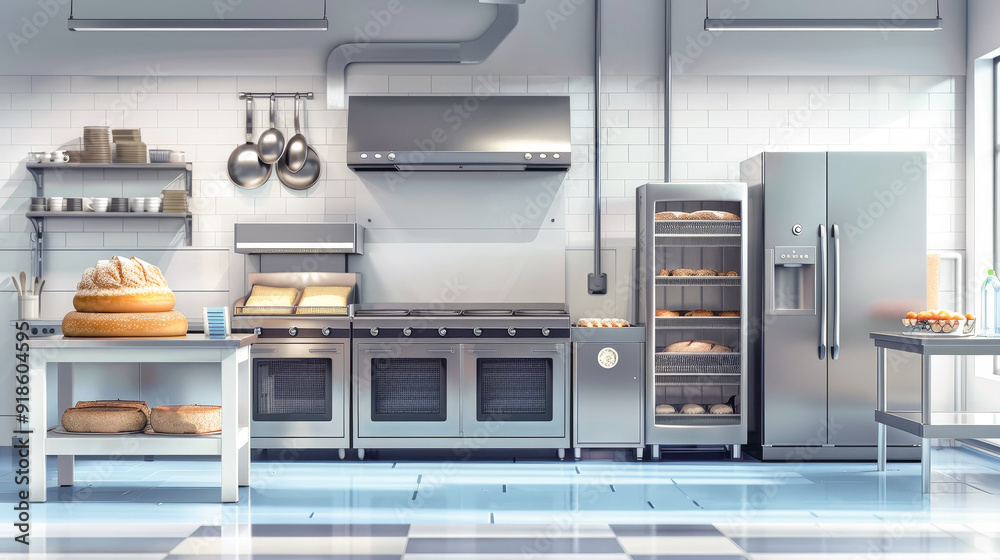 Fototapeta premium Commercial, professional bakery kitchen and stainless steel convection.