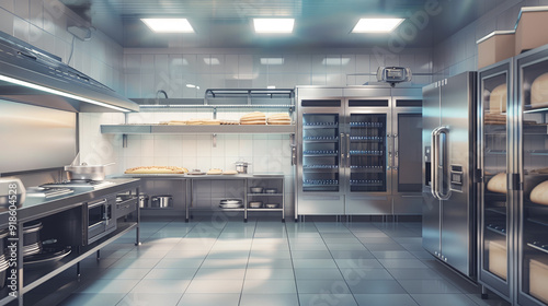 Commercial, professional bakery kitchen and stainless steel convection.