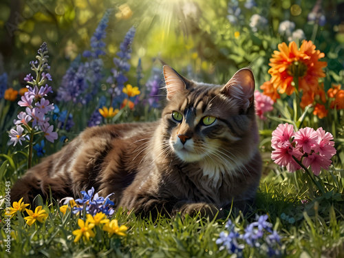 Realistic smoky cat lounging among vibrant spring flowers in sunlit clearing.