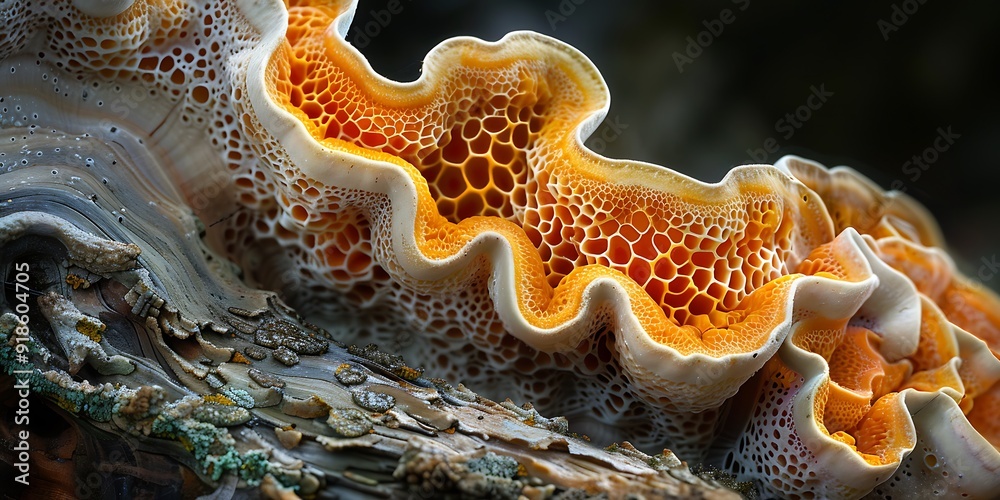 A macro photo of a vibrant orange mushroom growing on a log.