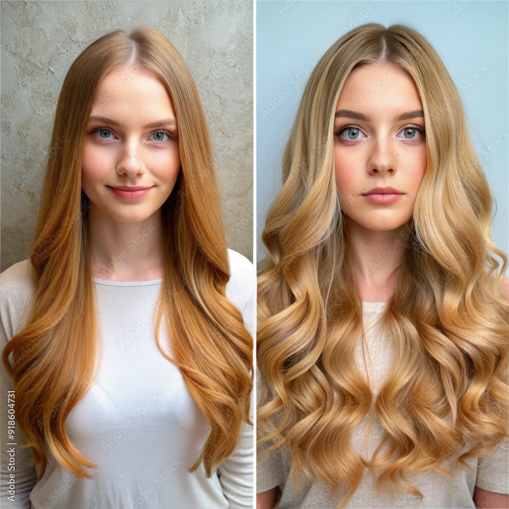 Transformation of beautiful long hair showcasing before and after styling with waves in a light, neutral setting. Generative AI Transformation of beautiful long hair showcasing before and after styling with waves in a light, neutral setting. Generative AI