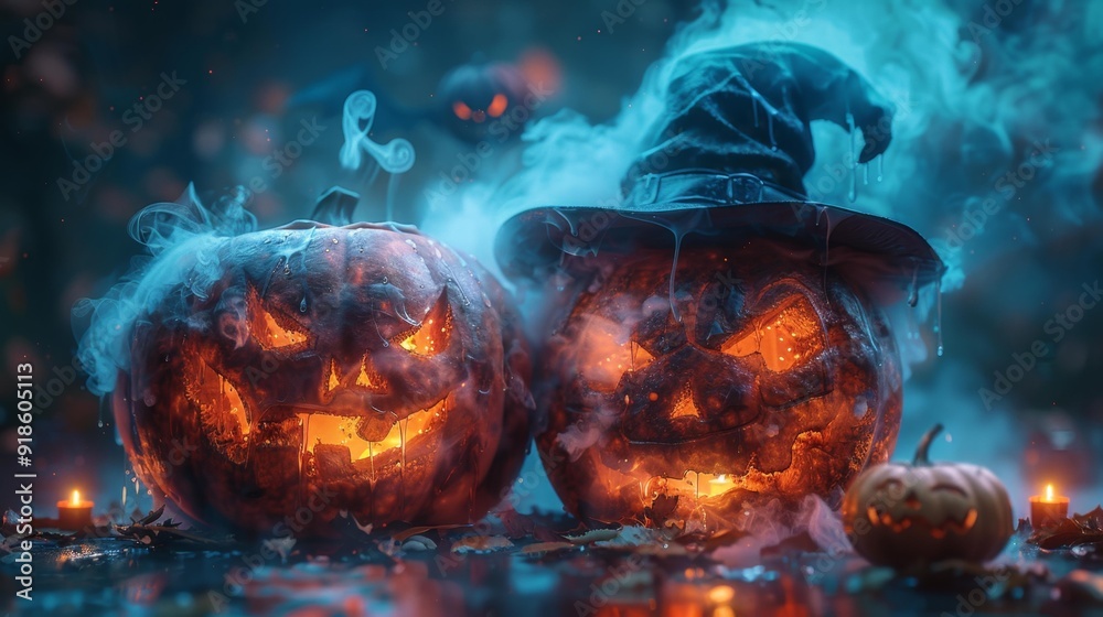 Halloween pumpkins with smoky effects - generative ai Halloween pumpkins with smoky effects - generative ai
