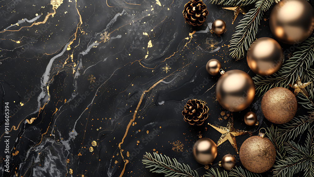 Naklejka premium Christmas Ornaments And Pine Cones On Marble