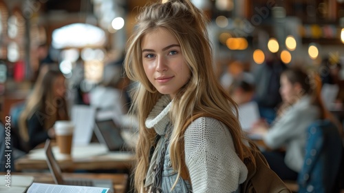 A young woman with long blonde hair and wearing an elegant sweater is studying at a table surrounded by other students