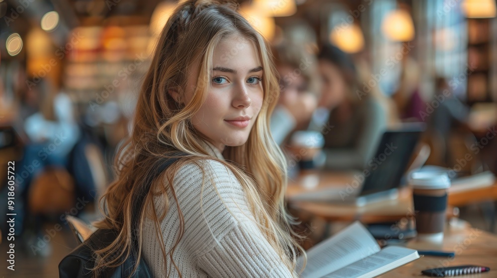 A young woman with long blonde hair and wearing an elegant sweater is studying at a table surrounded by other students A young woman with long blonde hair and wearing an elegant sweater is studying at a table surrounded by other students