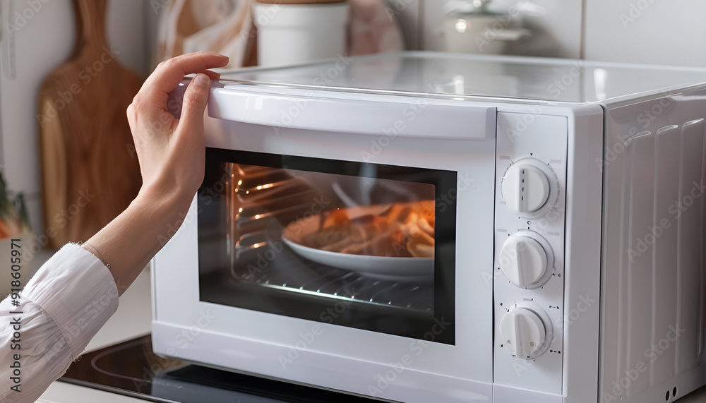 Woman's Hands Closing Microwave Oven Door And Preparing Food At Home Woman's Hands Closing Microwave Oven Door And Preparing Food At Home