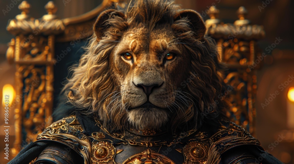 Majestic lion king sitting on ornate throne - generative ai Majestic lion king sitting on ornate throne - generative ai