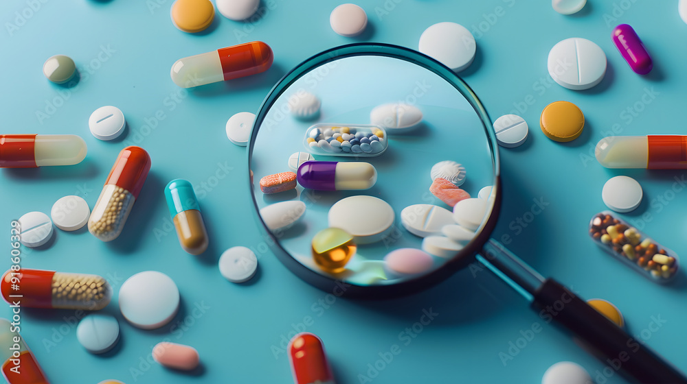 Assorted medication under magnifying glass on blue background Assorted medication under magnifying glass on blue background