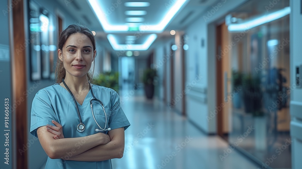 Fototapeta premium A healthcare professional stands confidently in a well-lit hospital corridor during the evening shift