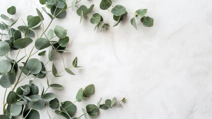 A sprig of eucalyptus leaves arranged in a border against a white background.