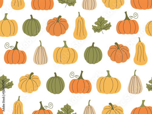 Doodle abstract Autumn Pumpkins seamless Pattern. Thanksgiving halloween harvest festival background. Cute hand drawn pumpkin vegetable. Seasonal pattern for cover packaging card fabric print