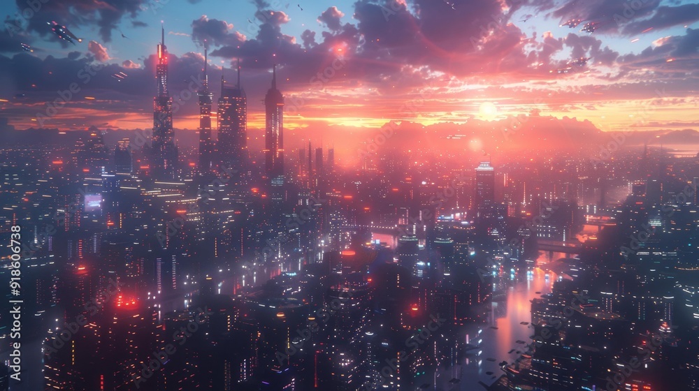 Futuristic cityscape at sunset - generative ai Futuristic cityscape at sunset - generative ai