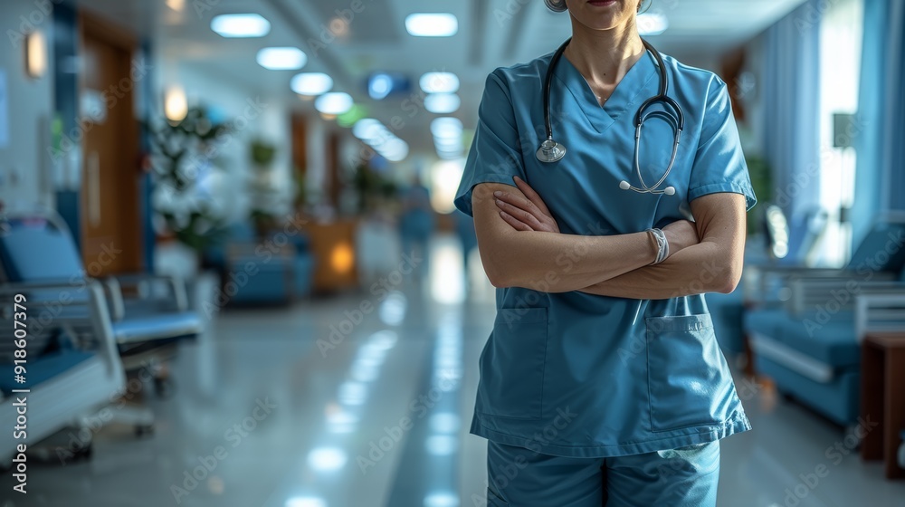 Nurse in scrubs stands confidently in a modern hospital corridor during the day Nurse in scrubs stands confidently in a modern hospital corridor during the day