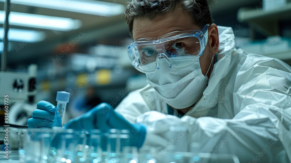 Scientist conducting experiments in a laboratory with test tubes and protective gear during the day Scientist conducting experiments in a laboratory with test tubes and protective gear during the day