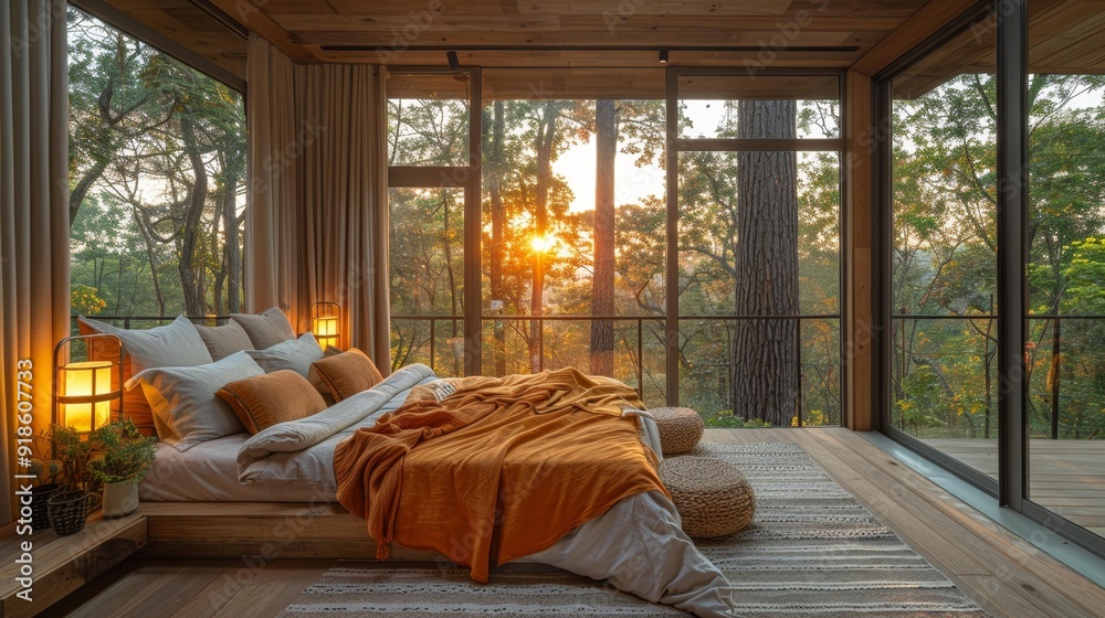 Sunrise forest bedroom - generative ai Sunrise forest bedroom - generative ai