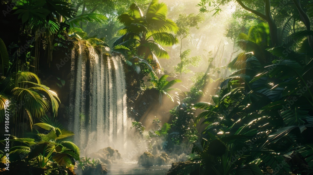 Enchanting Tropical Rainforest Vibrant Greenery Cascading Waterfall and Lively Biodiversity in a Captivating Image of Nature's Beauty Enchanting Tropical Rainforest Vibrant Greenery Cascading Waterfall and Lively Biodiversity in a Captivating Image of Nature's Beauty