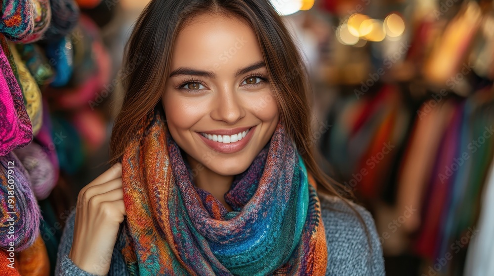 A woman is smiling and holding a colorful scarf A woman is smiling and holding a colorful scarf
