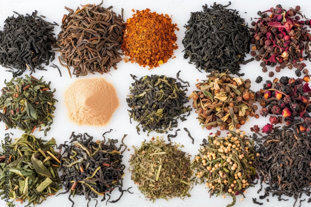Fototapeta premium pile of dried and unpeensed tea leaves, Different types of tea leaves spread around clean, white surface
