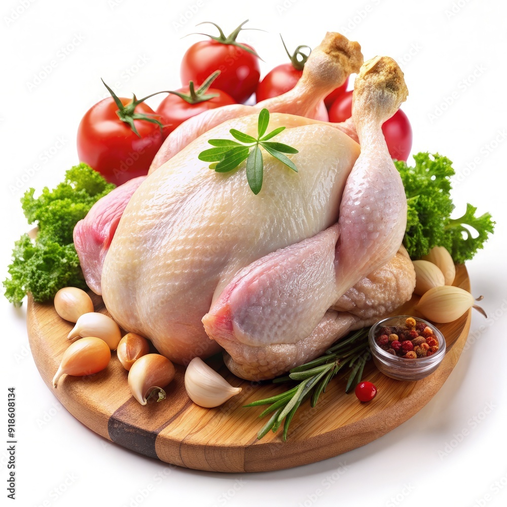 Fresh whole chicken surrounded by vibrant vegetables on a wooden cutting board with herbs and spices ready for preparation and cooking. Generative AI Fresh whole chicken surrounded by vibrant vegetables on a wooden cutting board with herbs and spices ready for preparation and cooking. Generative AI