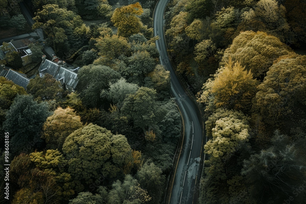 woman with large hat and red dress, Drone perspective of lonely road weaving through dense, autumnal forest woman with large hat and red dress, Drone perspective of lonely road weaving through dense, autumnal forest