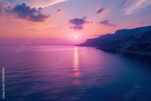 beautiful sunset over the ocean with beach and buildings, Drone photograph with all the color radiance of splendid sunrise over calm sea