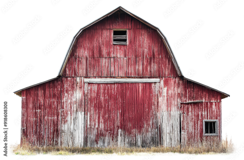 Old red barn surrounded by grass at midday, cut out - stock png.