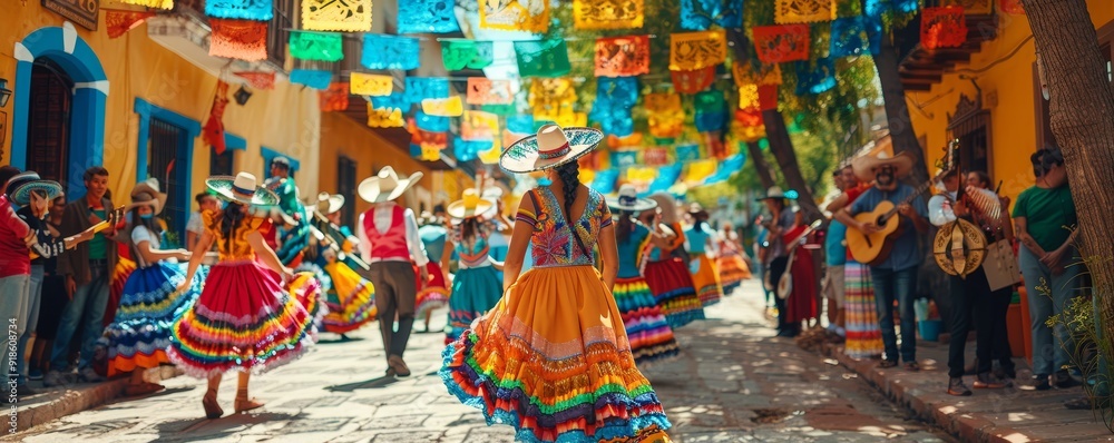 Fototapeta premium Vibrant Cinco de Mayo Fiesta Mariachi Bands Folk Dancers and Festive Decorations in Stunning Detail Captured