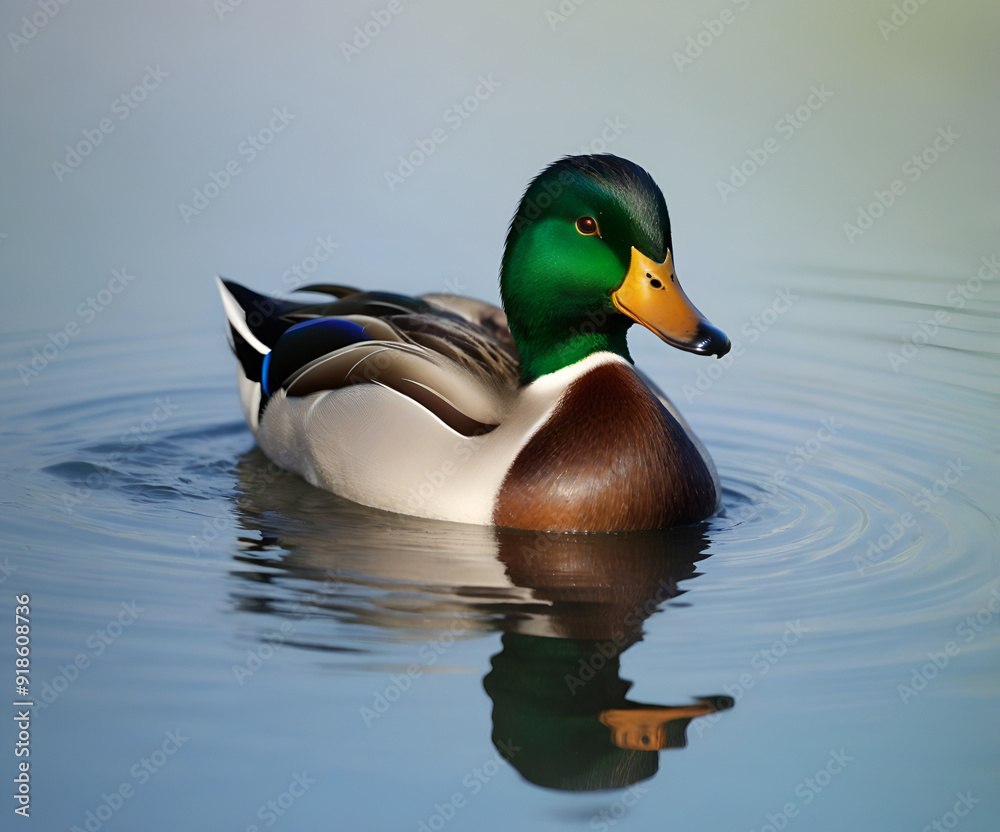 Fototapeta premium A calm, majestic duck with iridescent feathers and bright eyes on a soft gradient background