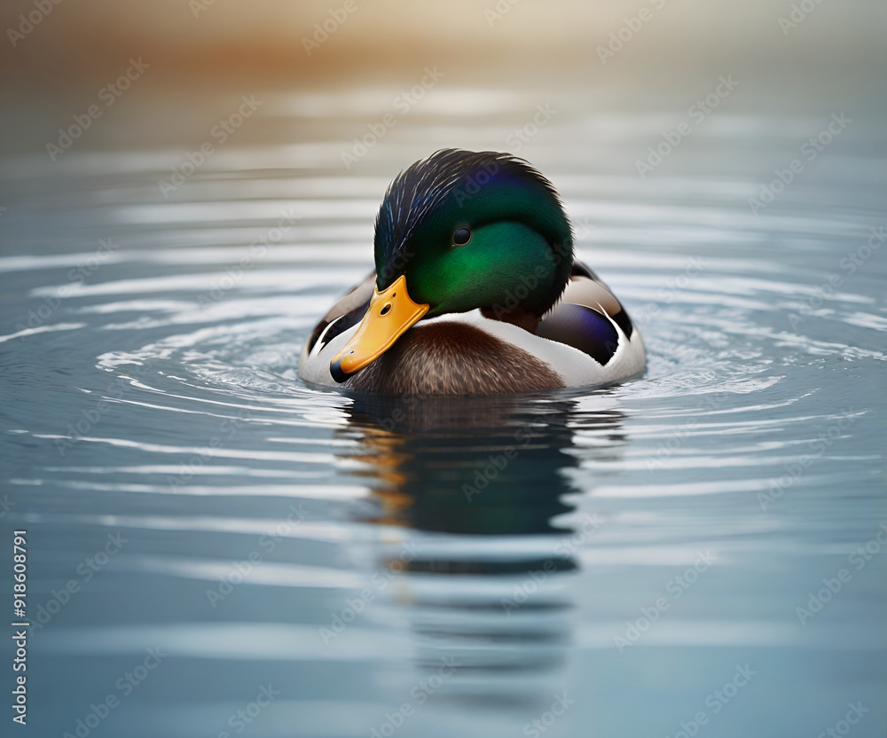 Fototapeta premium A calm, majestic duck with iridescent feathers and bright eyes on a soft gradient background