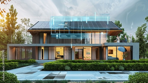 Green Energy Oasis Modern Home with Solar Panels and Holographic Data Overlays photo