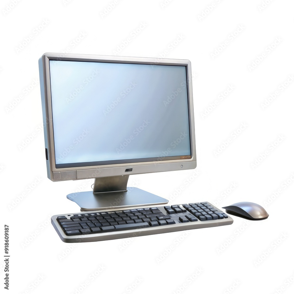 A modern all-in-one computer setup featuring a sleek monitor, a keyboard, and a mouse placed on a minimalist desk against a plain white background. Generative AI A modern all-in-one computer setup featuring a sleek monitor, a keyboard, and a mouse placed on a minimalist desk against a plain white background. Generative AI