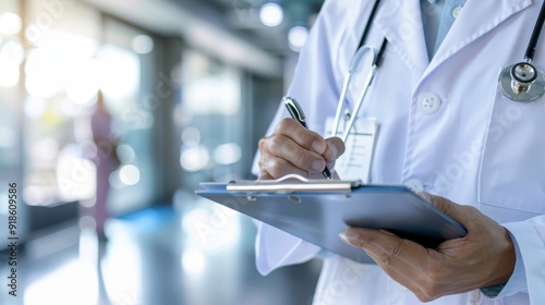 Precision in Practice Healthcare Professional's Hands with Clipboard and Pen Medical Recordkeeping in Focus