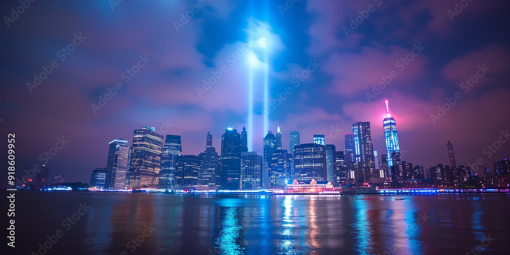 Obraz premium Patriot Day Tribute in Lights: Stunning night view of New York City skyline with twin beams of light honoring 9/11. A powerful symbol of remembrance, unity