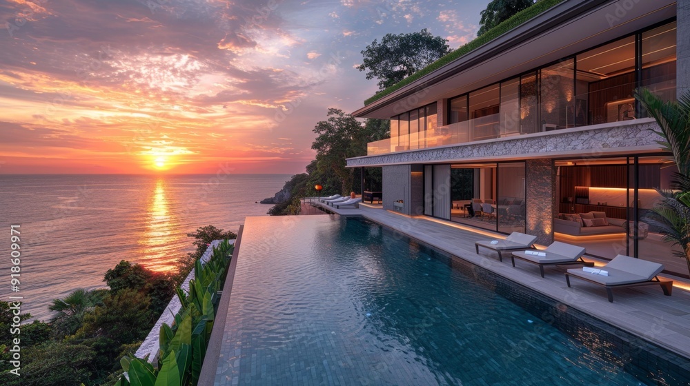 Fototapeta premium Modern beachfront villa at sunset - generative ai