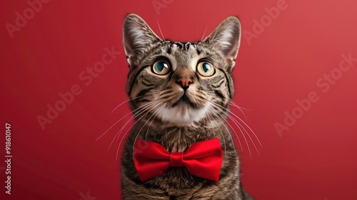 A tabby cat with a red bow tie looks up at the camera with big, surprised eyes.