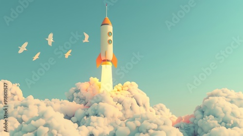 Rocketing Towards the Unknown A Stunning Illustration of Ambition and Adventure in Pastel Skies photo