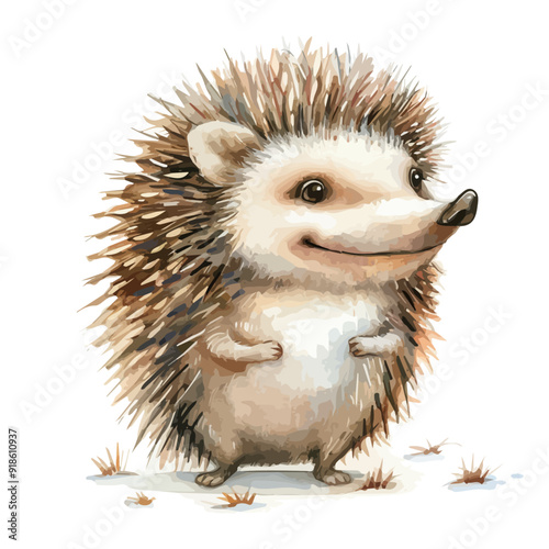 vector illustration of a cartoon hedgehog animation, painted with watercolor, isolated on a white background.