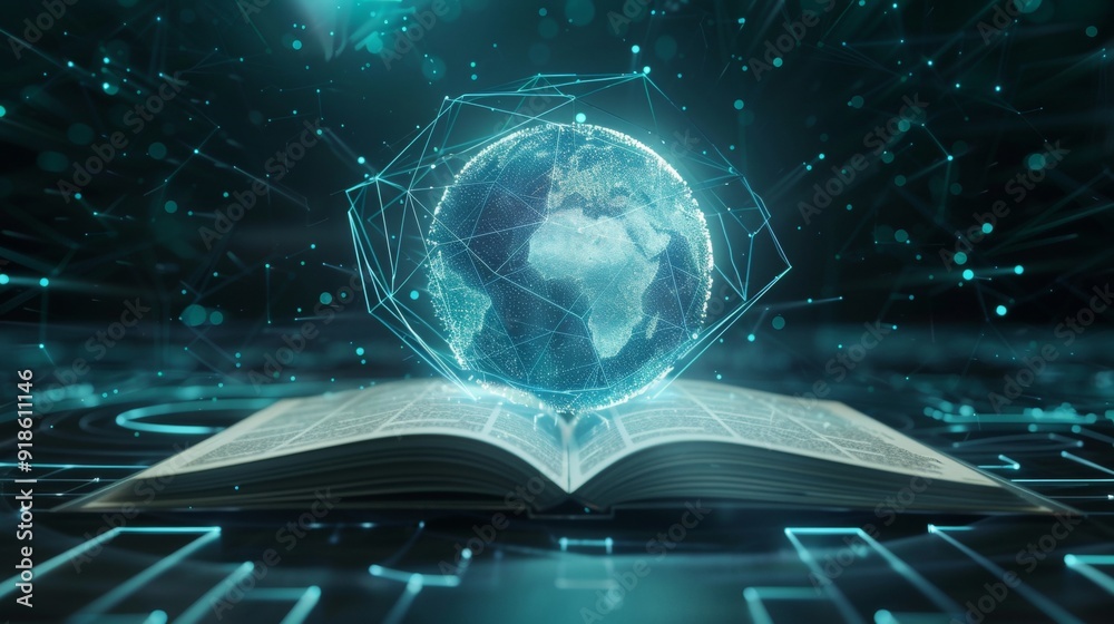 Digital World Unveiled Glowing Holographic Globe Emerges from Open Book ...