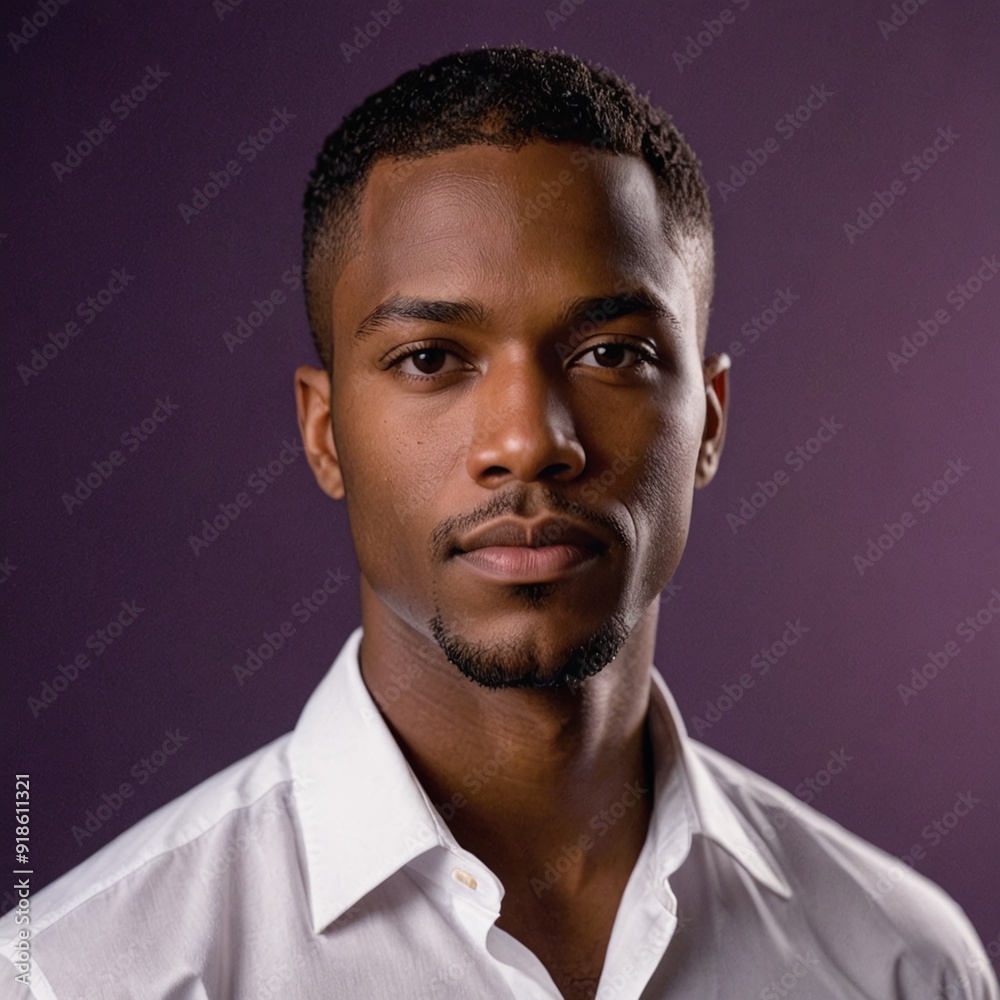 Obraz premium Stylish African American Male in White Shirt against Purple Background