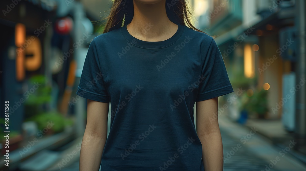 A person wearing a black t-shirt stands on a quiet street in the evening, surrounded by softly lit buildings and greenery A person wearing a black t-shirt stands on a quiet street in the evening, surrounded by softly lit buildings and greenery