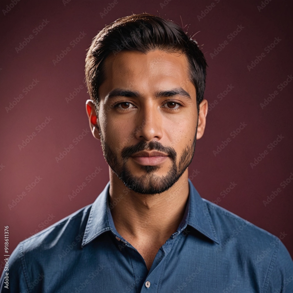 Obraz premium Hispanic man in blue shirt against burgundy backdrop