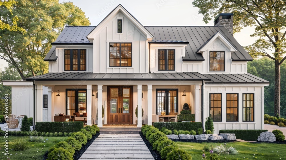 Inviting Modern White House with Cozy Front Porch and Lush Greenery HighQuality Digital Illustration of a Welcoming Home Inviting Modern White House with Cozy Front Porch and Lush Greenery HighQuality Digital Illustration of a Welcoming Home